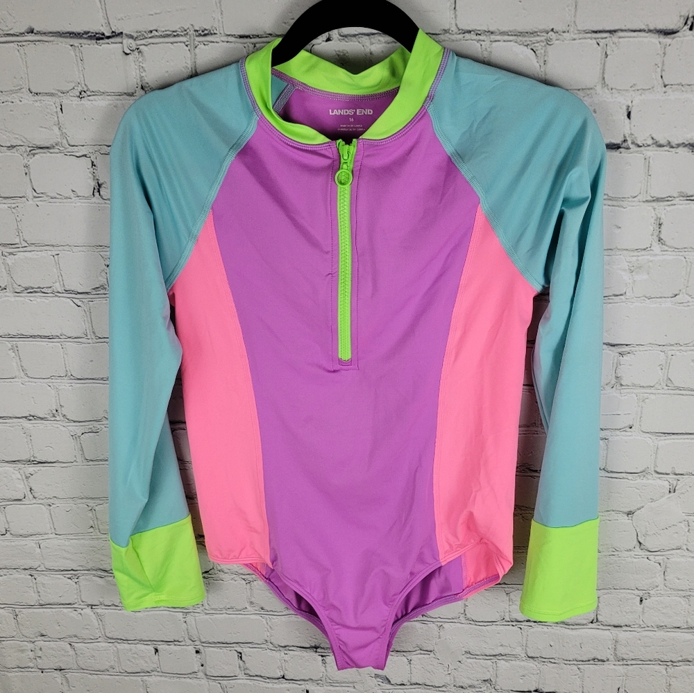 LANDS' END | colour block long sleeve half zip one piece swim bathing suit